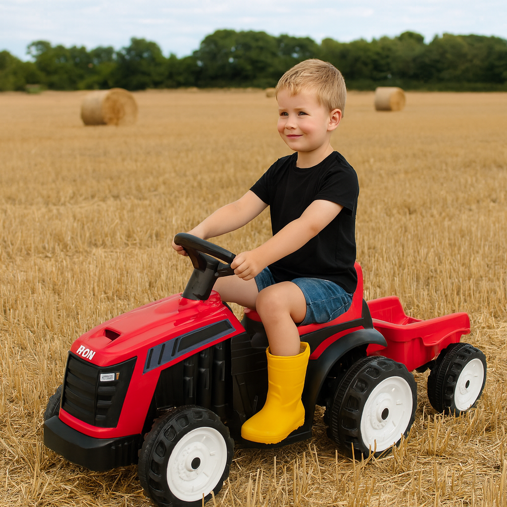 ATOM 6V Electric Ride On Tractor With Trailer - Red