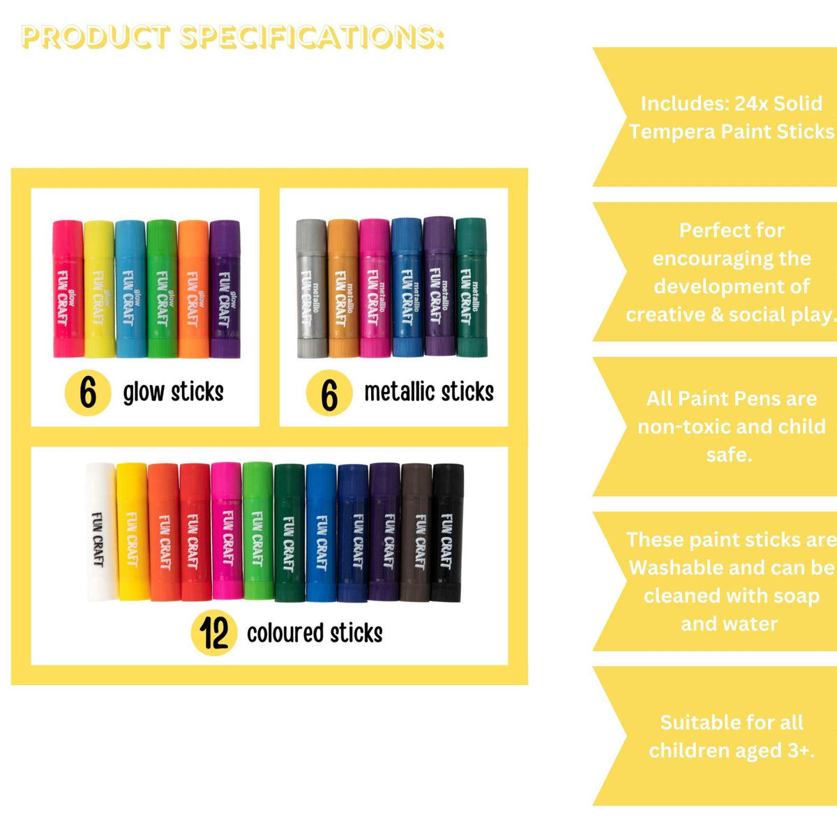 Fun Craft 24 Colour Tempera Paint Sticks – Quick Dry, Mess Free Kids Painting Set