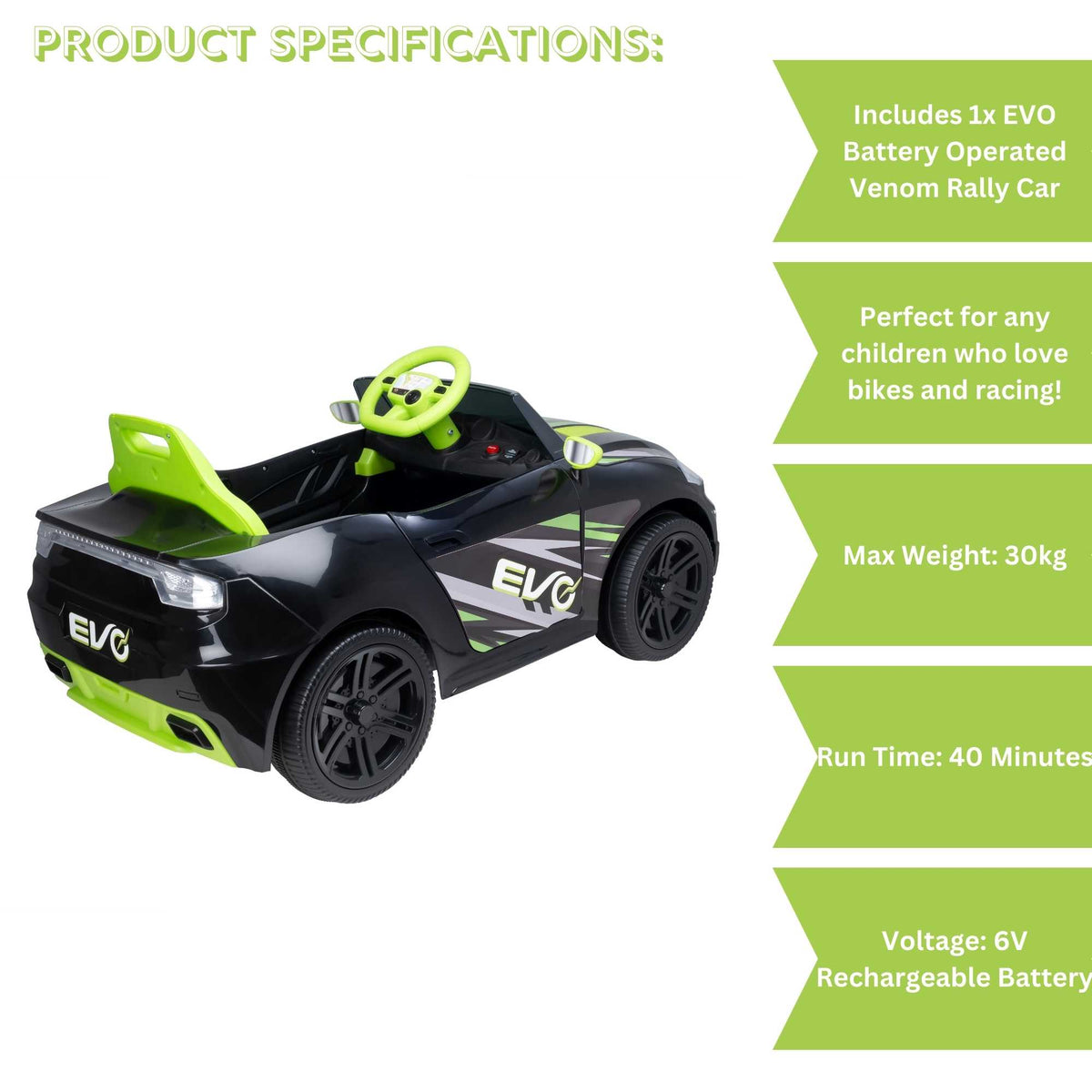 EVO 6v Kids Electric Ride-On Venom Sports Car Green