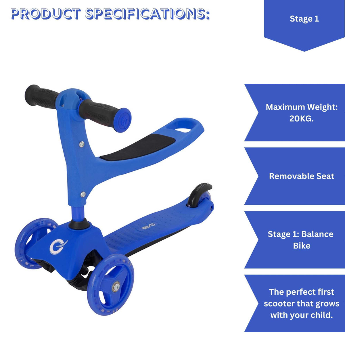 EVO 3 in 1 Cruiser Toddler Ride On & Scooter - Blue