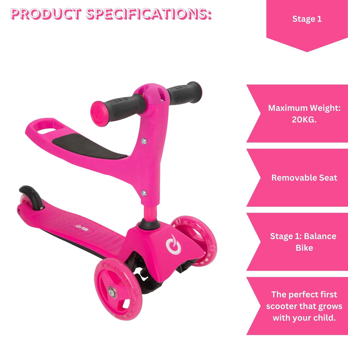 Evo 3 in 1 Cruiser Toddler Ride On & Scooter - Pink
