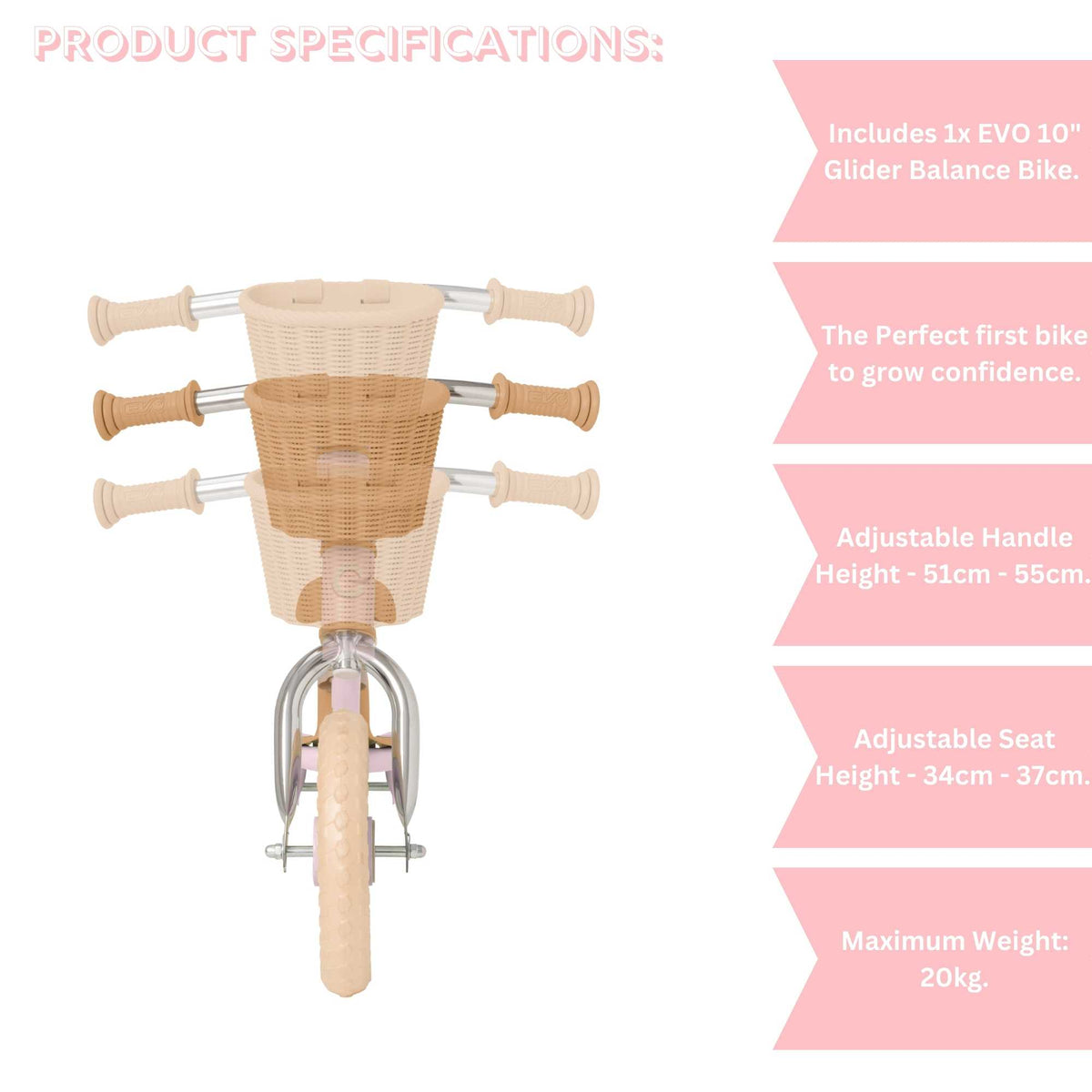 EVO 10" Glider Balance Bike With Basket - Pink
