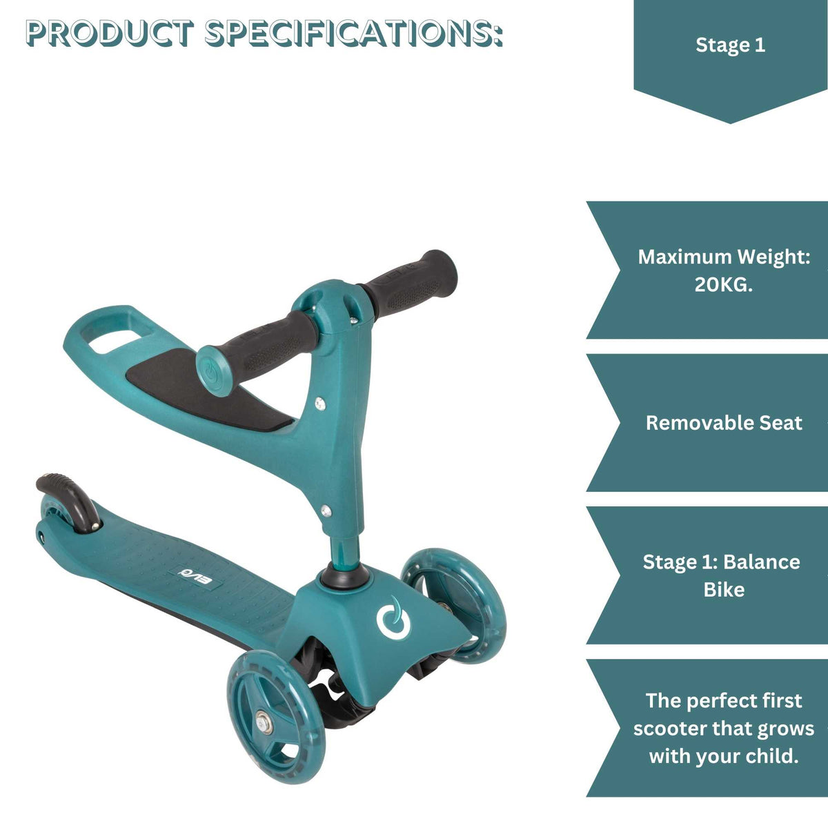 Evo 3 in 1 Cruiser Toddler Ride On & Scooter - Green