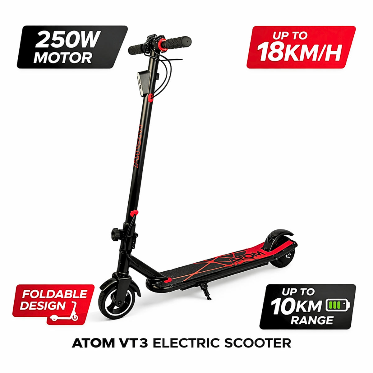 ATOM VT3 Electric E-Scooter – Red & Black | Folding Teen/Adult Scooter