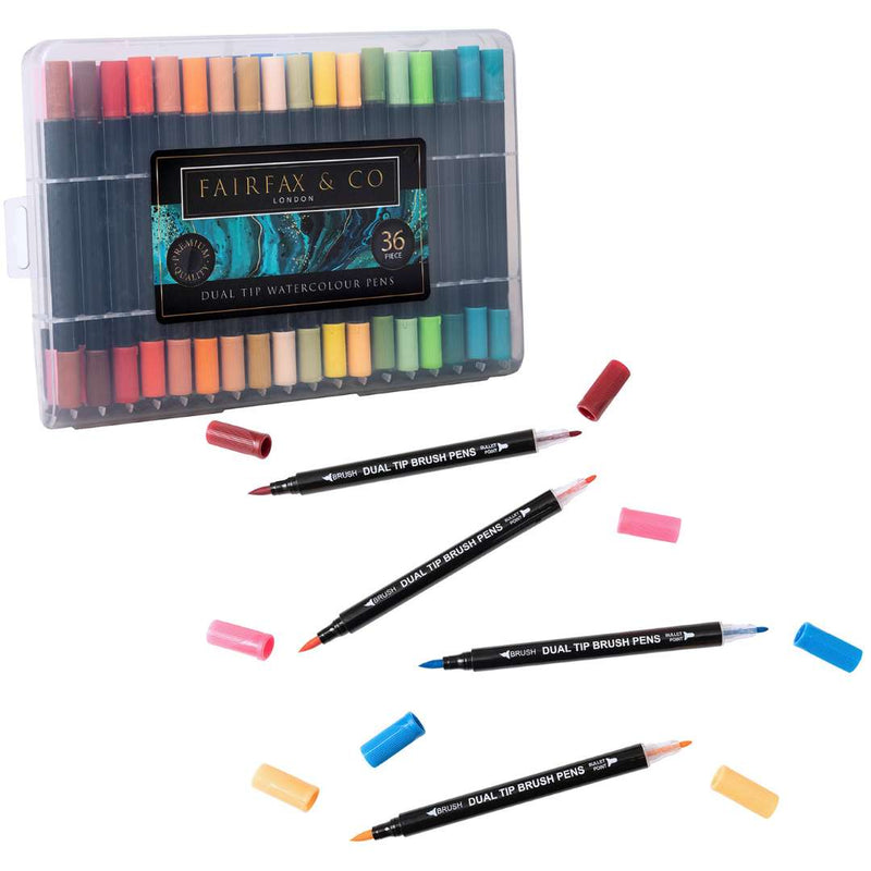 FairFax & Co 36 Dual Tip Watercolour Brush Pens – Art & Colouring Set