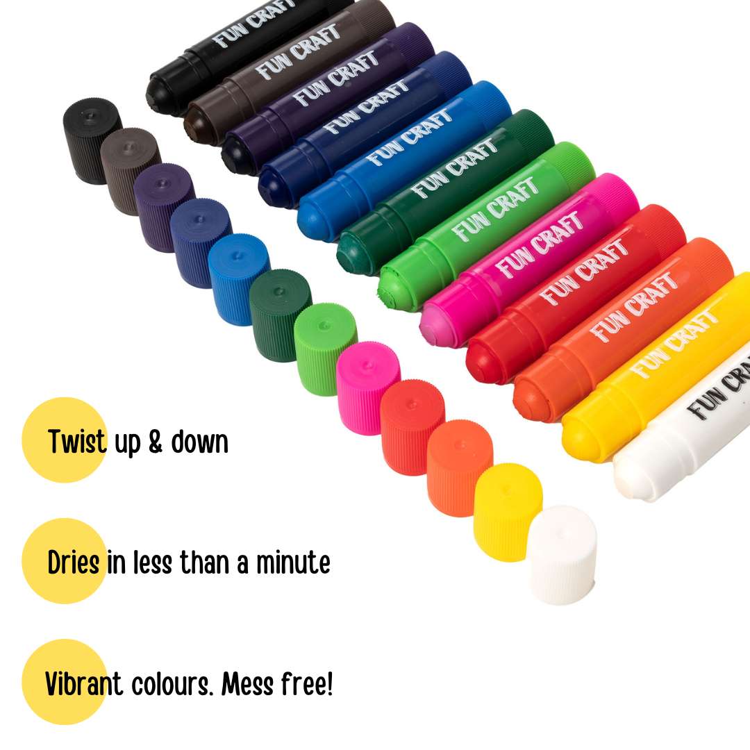 Fun Craft 24 Colour Tempera Paint Sticks – Quick Dry, Mess Free Kids Painting Set
