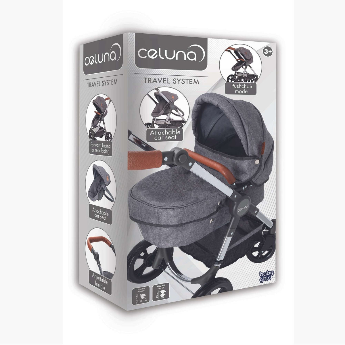 Celuna Premium Dolls Travel System - versatile doll stroller with 4 pram modes for comprehensive playtime options, stylish and sturdy design