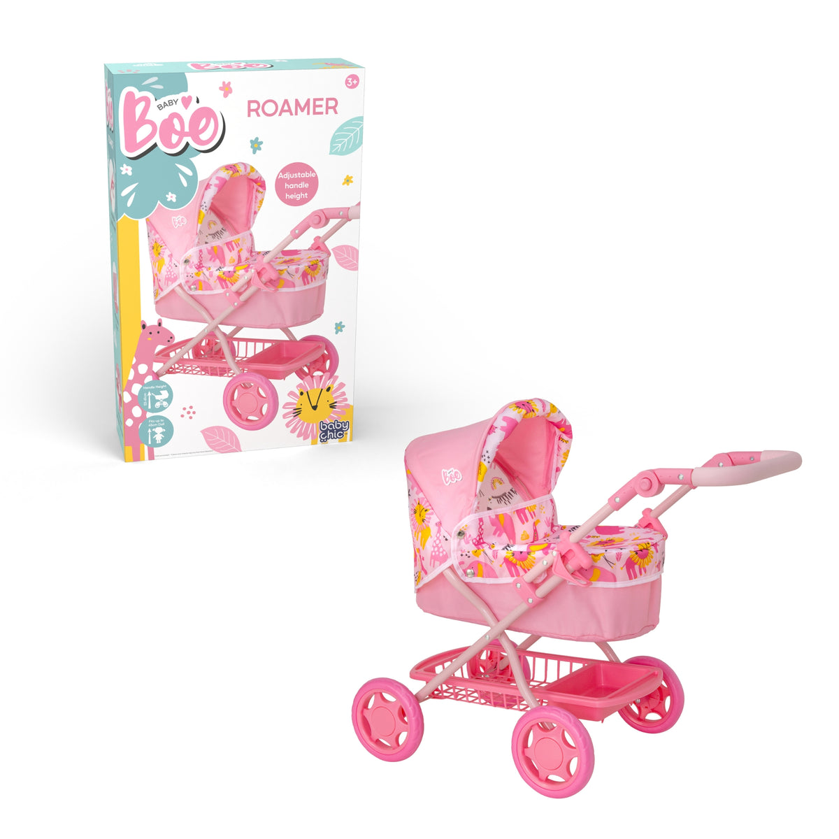 Pink doll stroller pram with jungle print for 3-7 year olds with under seat storage and adjustable handle height