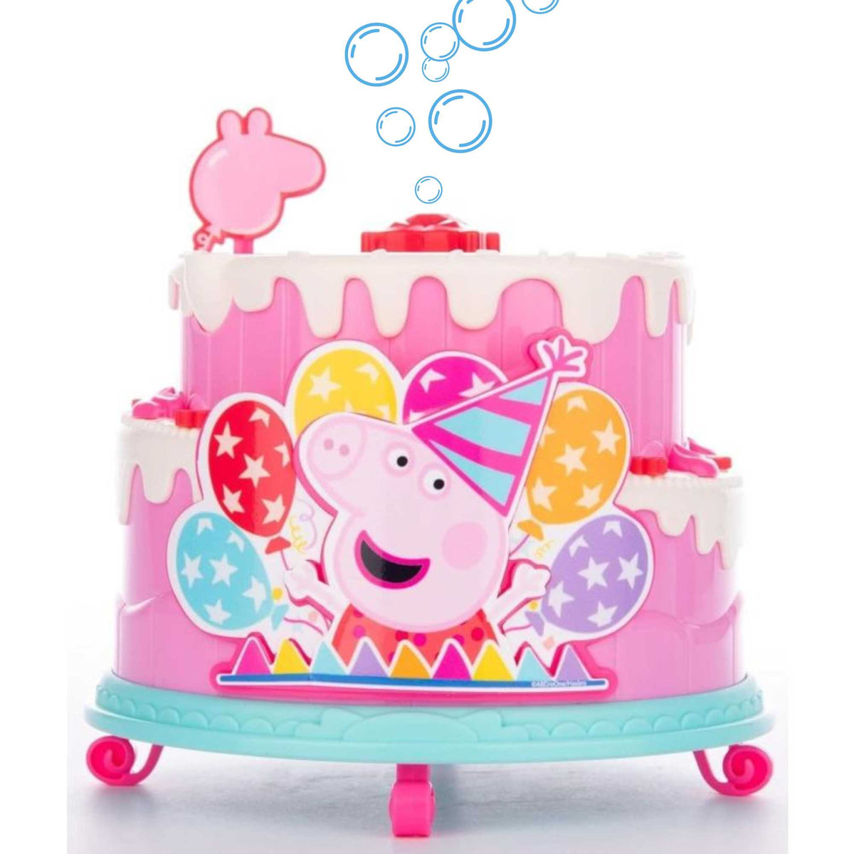 Peppa Pig Birthday Cake Bubble Machine featuring fun cake design, blowing bubbles for kids&#39; parties, playdates, and outdoor activities, perfect for Peppa Pig fans.