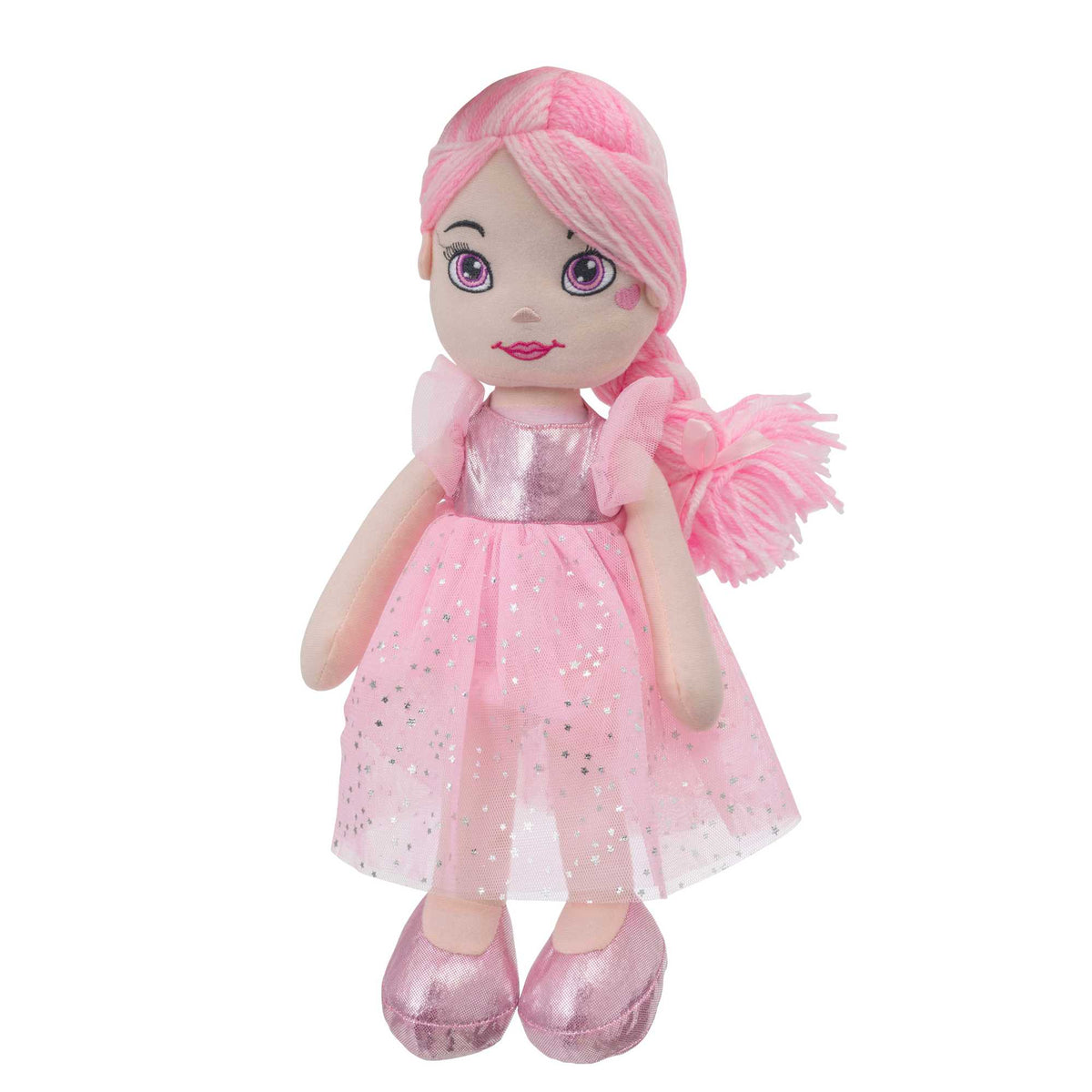 Rosie Rag Doll available in blue and pink, featuring a soft fabric body, bright yarn hair, and an embroidered face, dressed in either a blue or pink floral-patterned dress, perfect for cuddling and imaginative play.