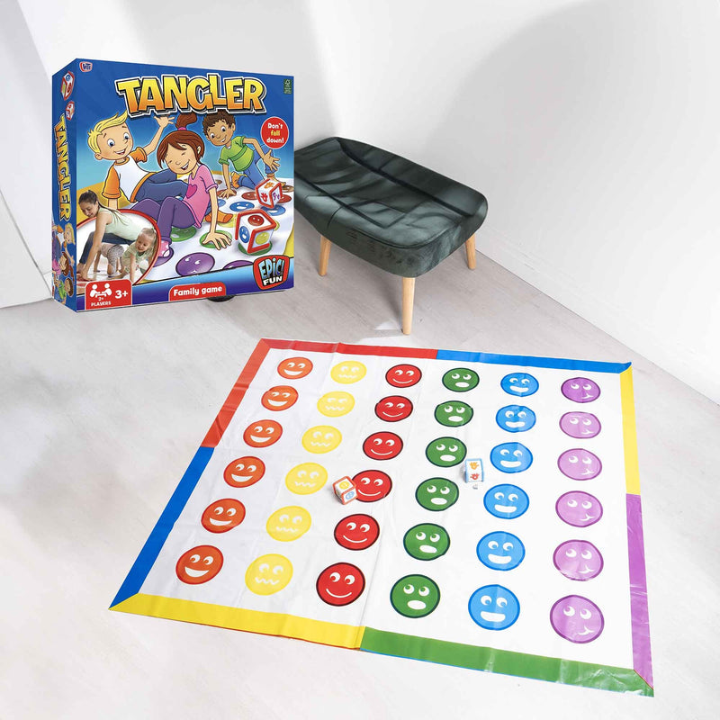 A vibrant and colourful image of the Epic Fun Tangler Family Board Game, featuring a detailed game board, challenge cards, Tangler tokens, and player pieces, set up on a table with family members eagerly playing and enjoying the game together.