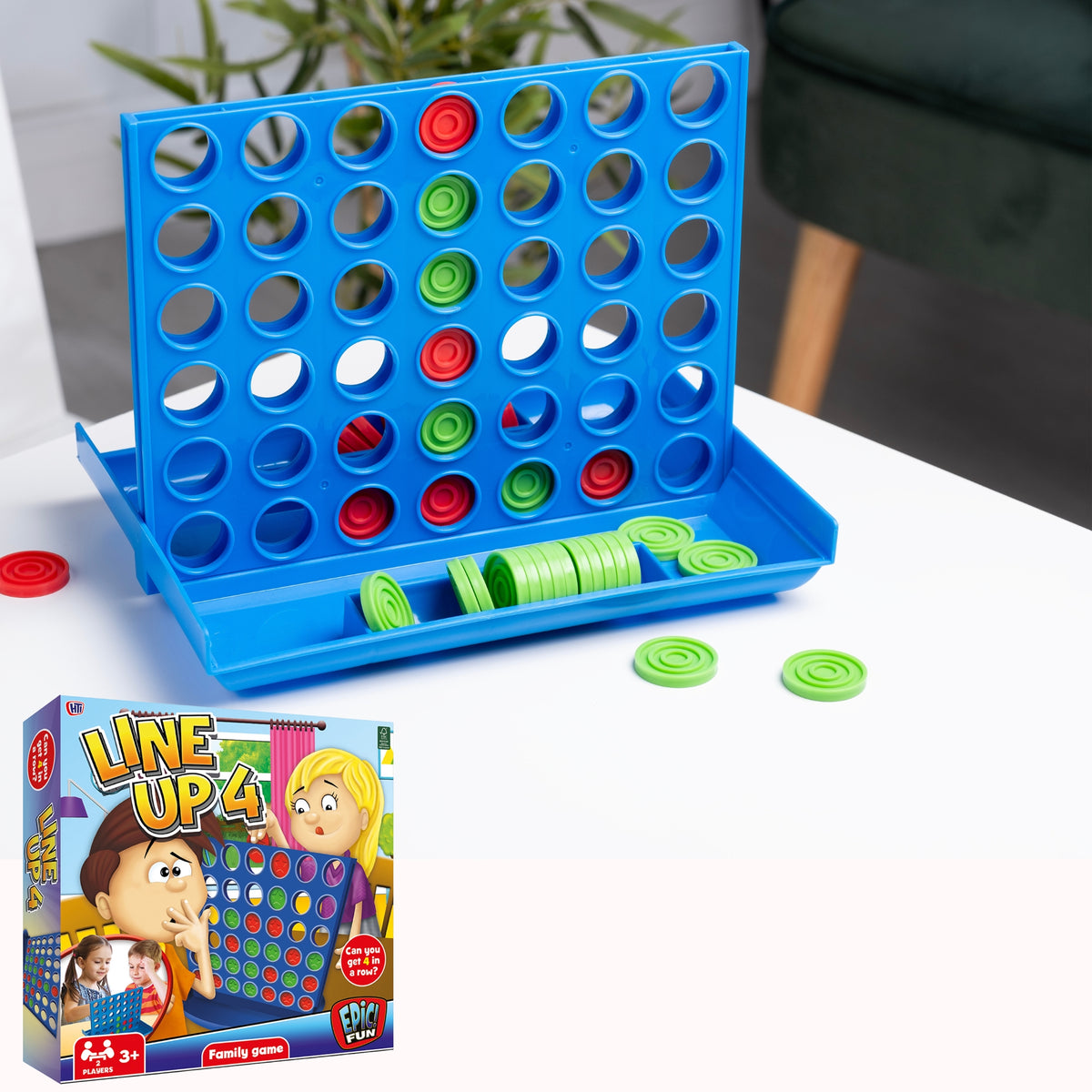 Epic Fun Line Up 4 Game featuring a vibrant game board and colourful pieces, perfect for family gatherings and strategic fun for all ages.