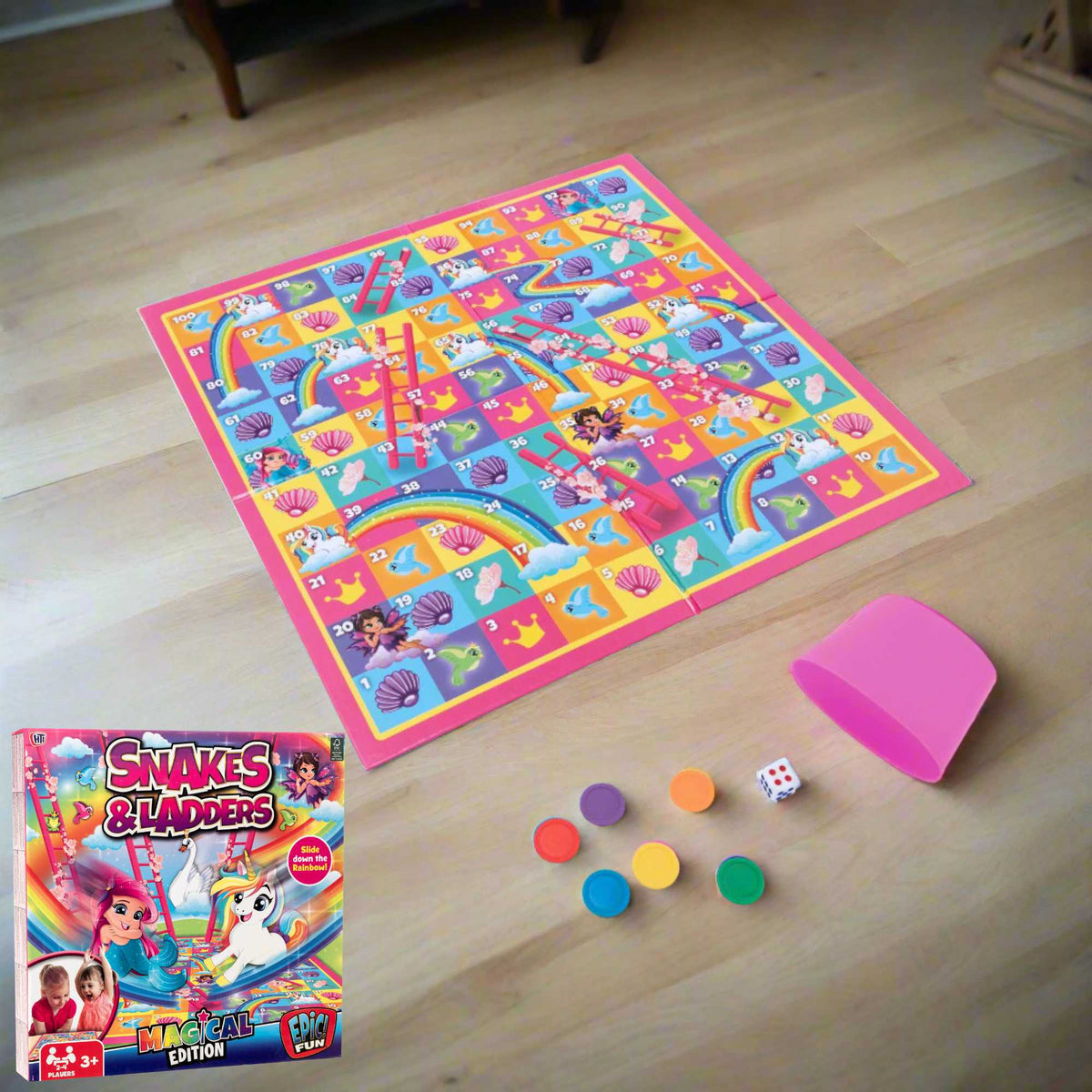 Epic Fun Magical Snake &amp; Ladders Board Game featuring a colorful game board with whimsical snakes and ladders, perfect for family game nights and engaging play for all ages.