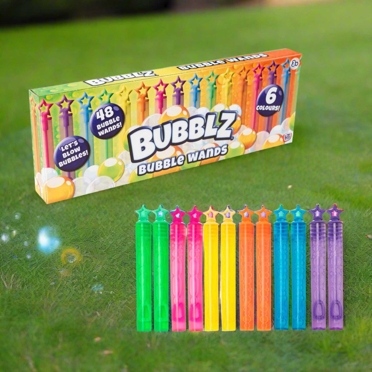 Bubblz 48 Pack of Bubble Wands: Includes vibrant bubble wands and bubble solution, perfect for outdoor play, parties, and group activities, designed for children and safe for all ages.