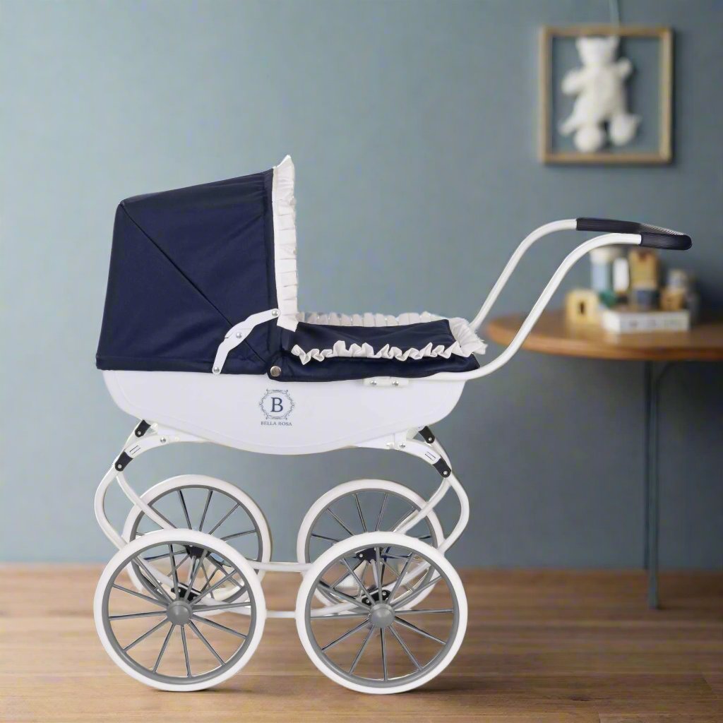 Bella Rosa Windsor Dolls Carriage Pram - Navy &amp; White - Elegant navy and white pram designed for dolls, combining classic style with functionality to enhance imaginative play for children.