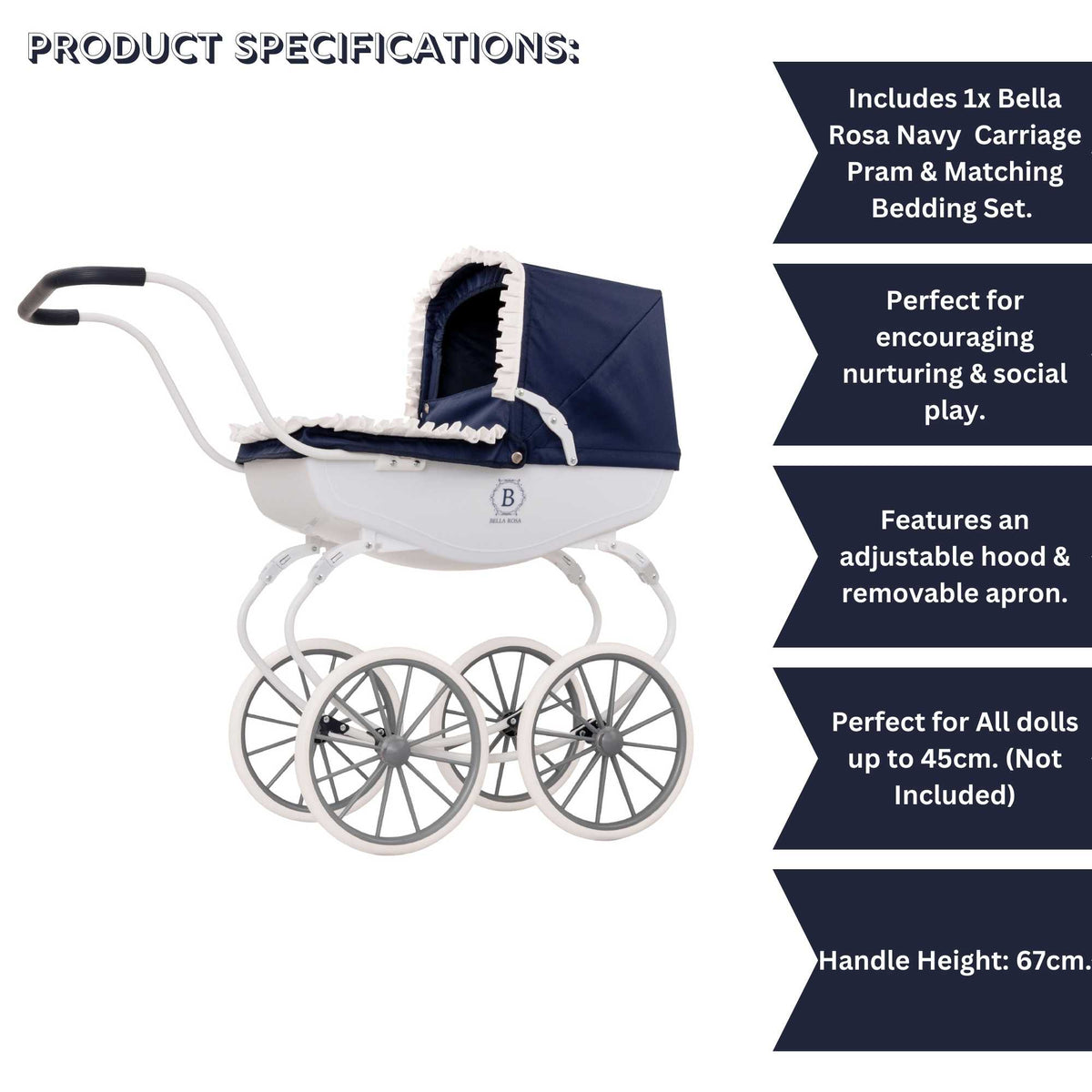 Bella Rosa Windsor Dolls Carriage Pram - Navy &amp; White Prams