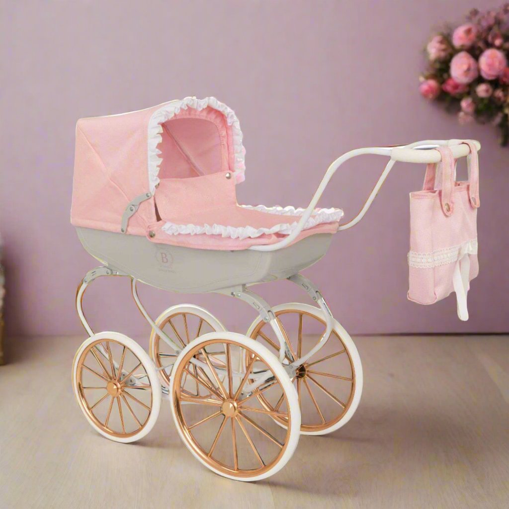 Bella Rosa Cambridge Carriage Dolls Pram - Pink &amp; Rose Gold - Luxurious pink and rose gold pram designed for dolls, offering a stylish and elegant accessory for imaginative play