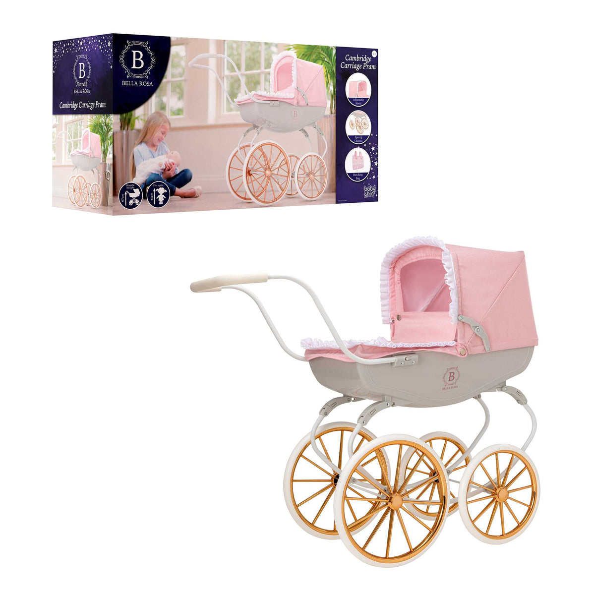 Bella Rosa Cambridge Carriage Dolls Pram - Pink &amp; Rose Gold - Luxurious pink and rose gold pram designed for dolls, offering a stylish and elegant accessory for imaginative play