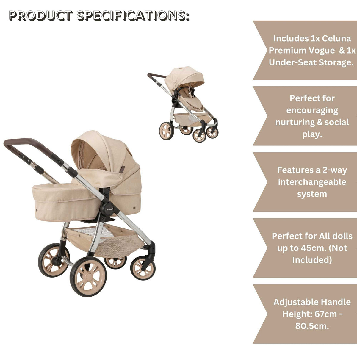 Celuna Premium Vogue Stone Dolls Pram - Two Pram Modes Doll &amp; Action Figure Accessories