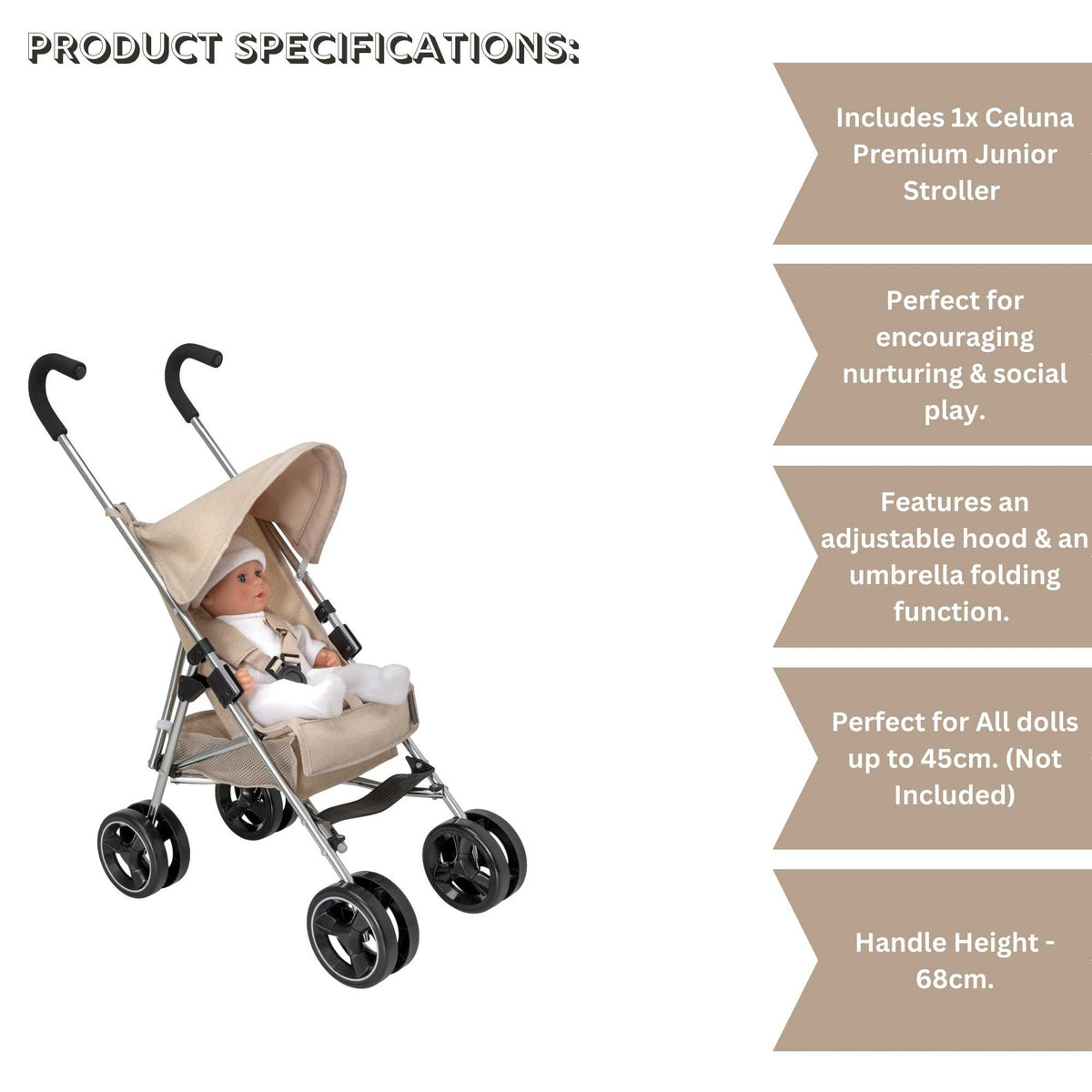 Celuna Premium Junior Dolls Stroller - lightweight and durable doll stroller with a sleek design, perfect for imaginative play