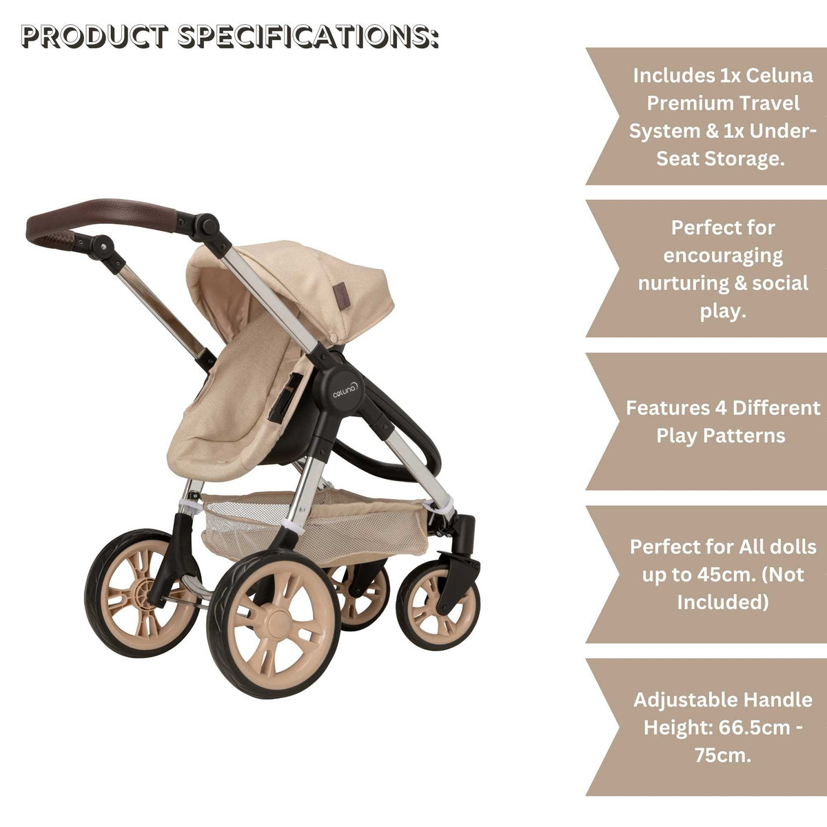 Celuna Premium Dolls Travel System - versatile doll stroller with 4 pram modes for comprehensive playtime options, stylish and sturdy design