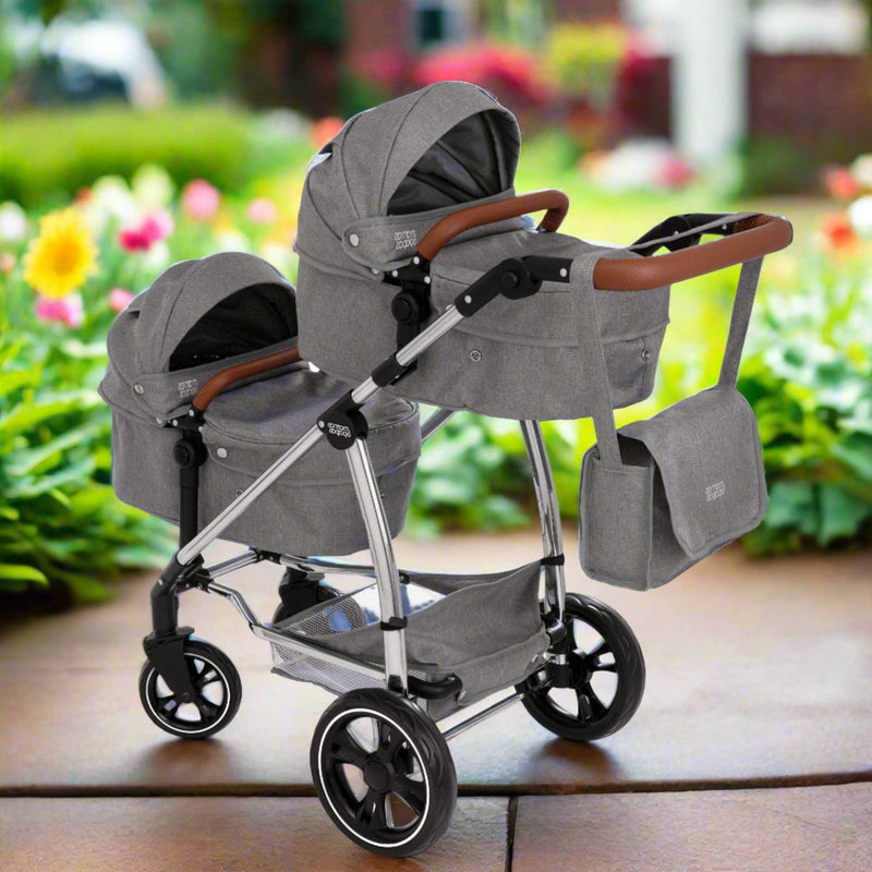 Mamas & Papas Twin Elite Dolls Pram in stylish design with 9 play modes, including options for bassinet, Pushchairs and traditional pram setups, ideal for imaginative doll play.