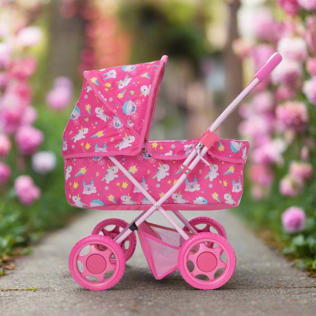 Adorable doll pram featuring a charming unicorn pattern, perfect for young children&#39;s imaginative play. Sturdy construction and easy maneuverability make it ideal for indoor and outdoor adventures. Compatible with various dolls and plush toys