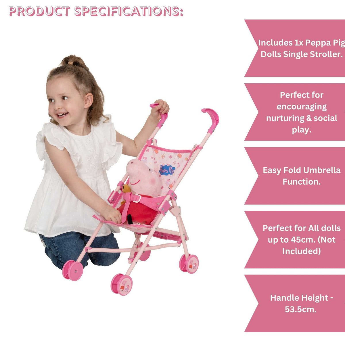 Peppa Pig Single Dolls Stroller, featuring a vibrant design with Peppa Pig-themed accents, ideal for children&#39;s imaginative play with their favourite dolls