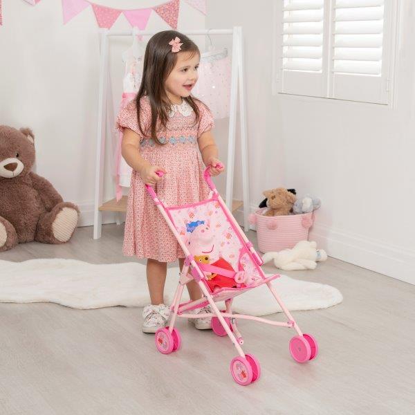 Peppa Pig Single Dolls Stroller, featuring a vibrant design with Peppa Pig-themed accents, ideal for children&#39;s imaginative play with their favourite dolls