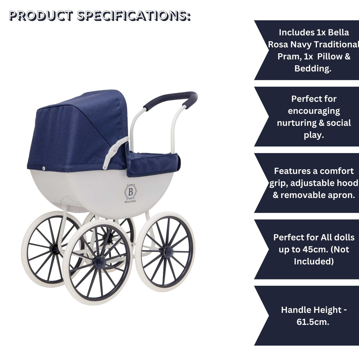 Bella Rosa My First Carriage Pram - Navy - Classic navy pram designed for dolls, perfect for young children to enjoy imaginative and nurturing play.