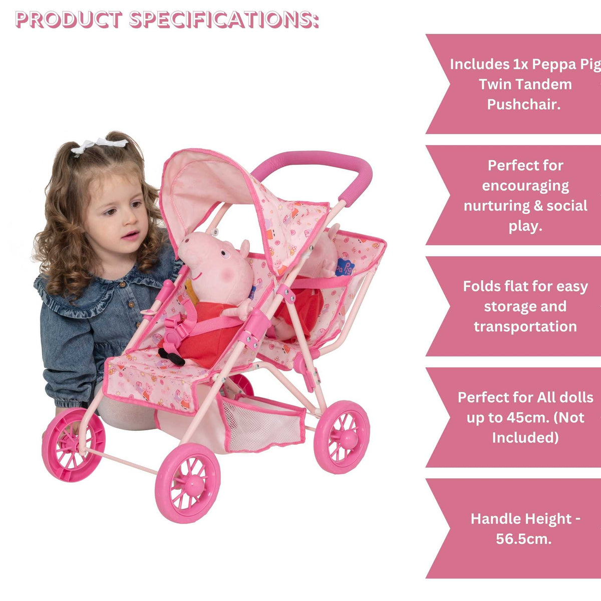 Peppa Pig Tandem Twin Doll Stroller: A pink double stroller with Peppa Pig graphics, designed for carrying two dolls side by side, ideal for toddlers and imaginative play.