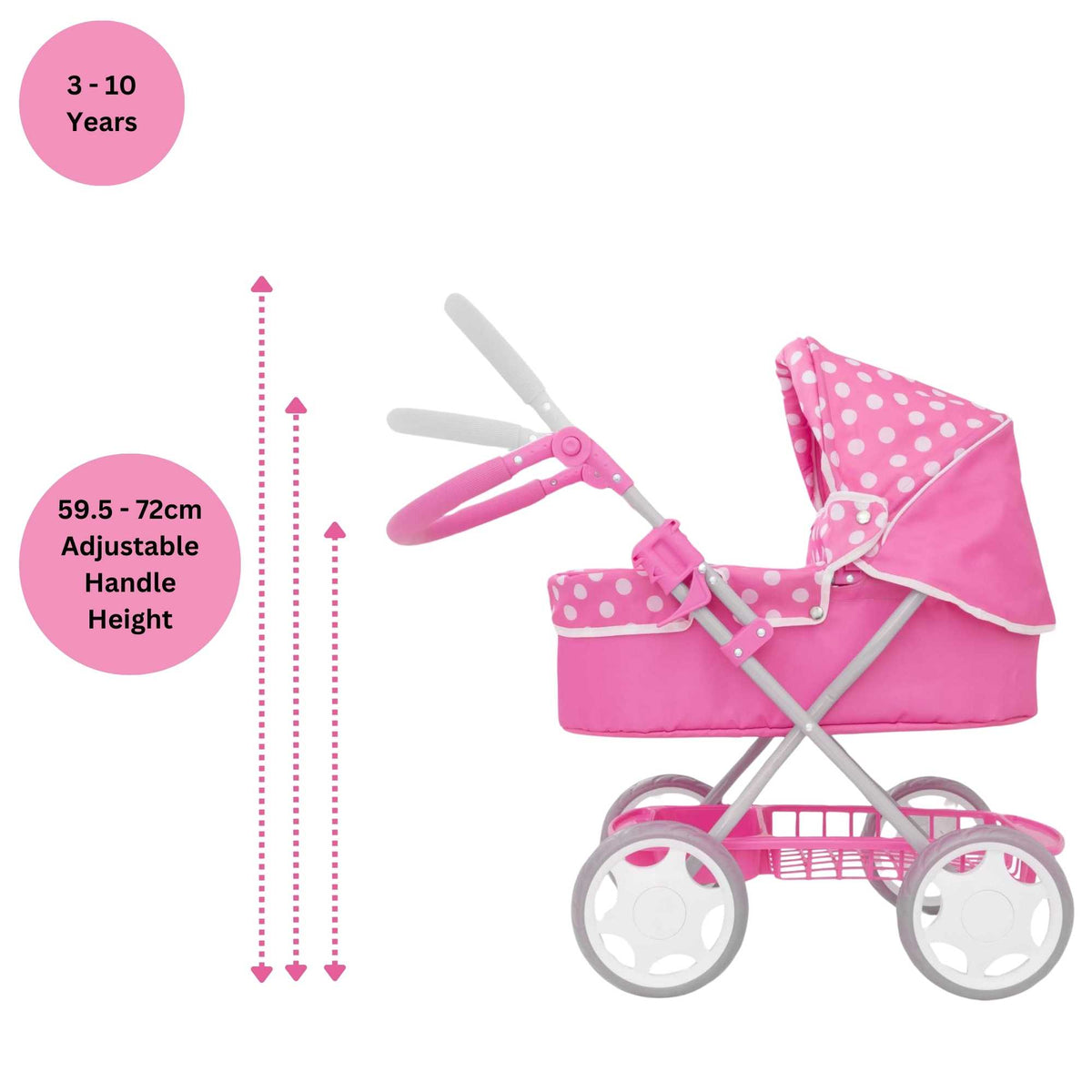 Dolly Tots Junior Dolls Pram - Stylish and Durable Toy Pram for Dolls with Adjustable Handle
