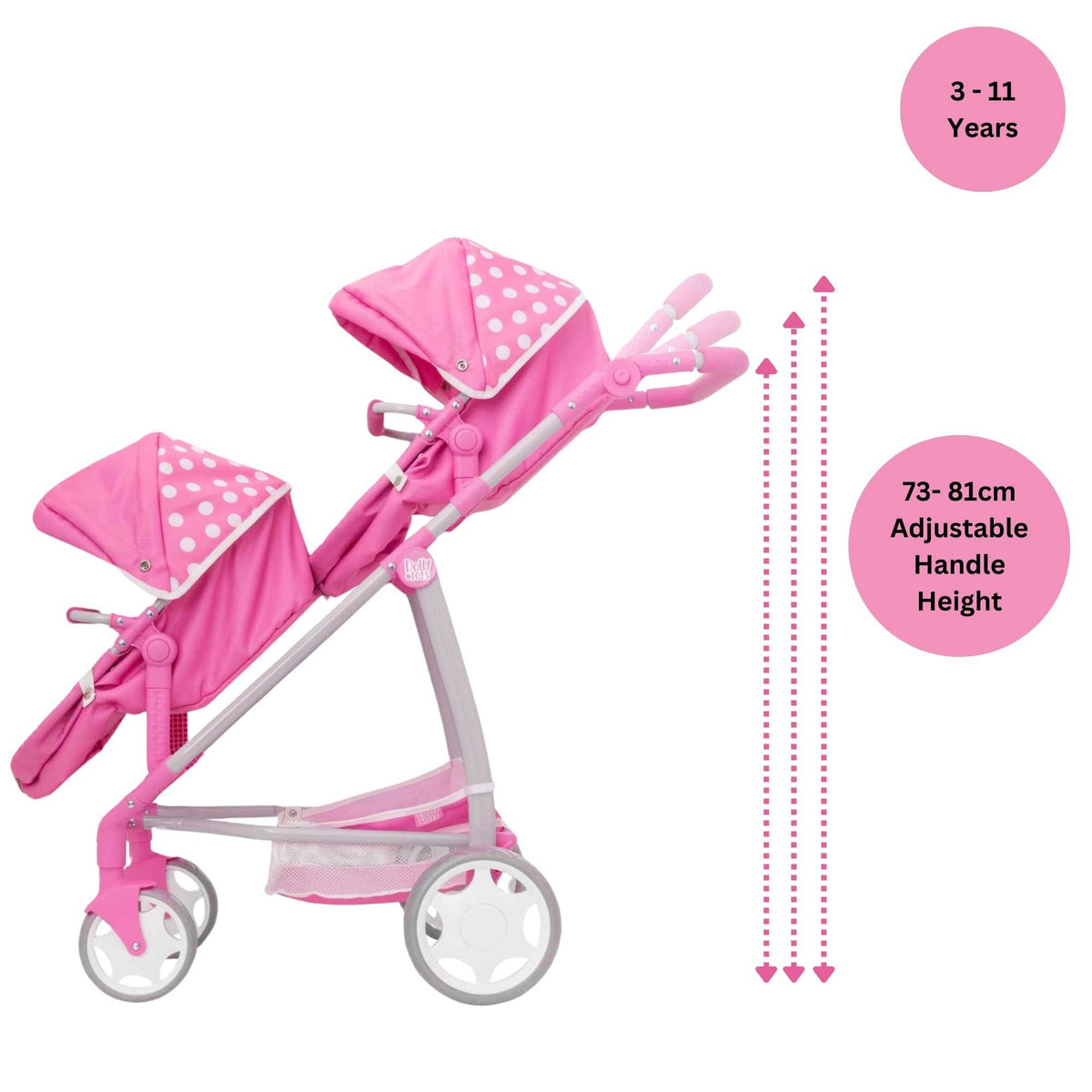 Dolly Tots Twin Dolls Pram - Spacious and Sturdy Toy Pram for Twin Dolls with Adjustable Handle