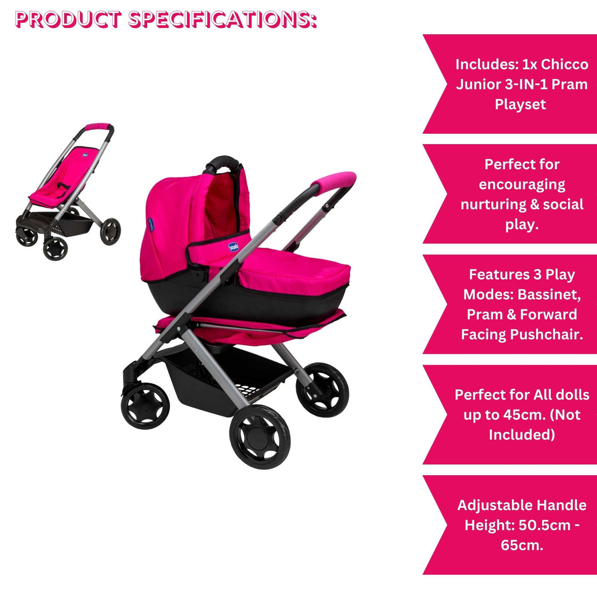 Chicco Junior 3-IN-1 Dolls Pram - Versatile Toy Stroller, Carrycot, and Pram for Dolls