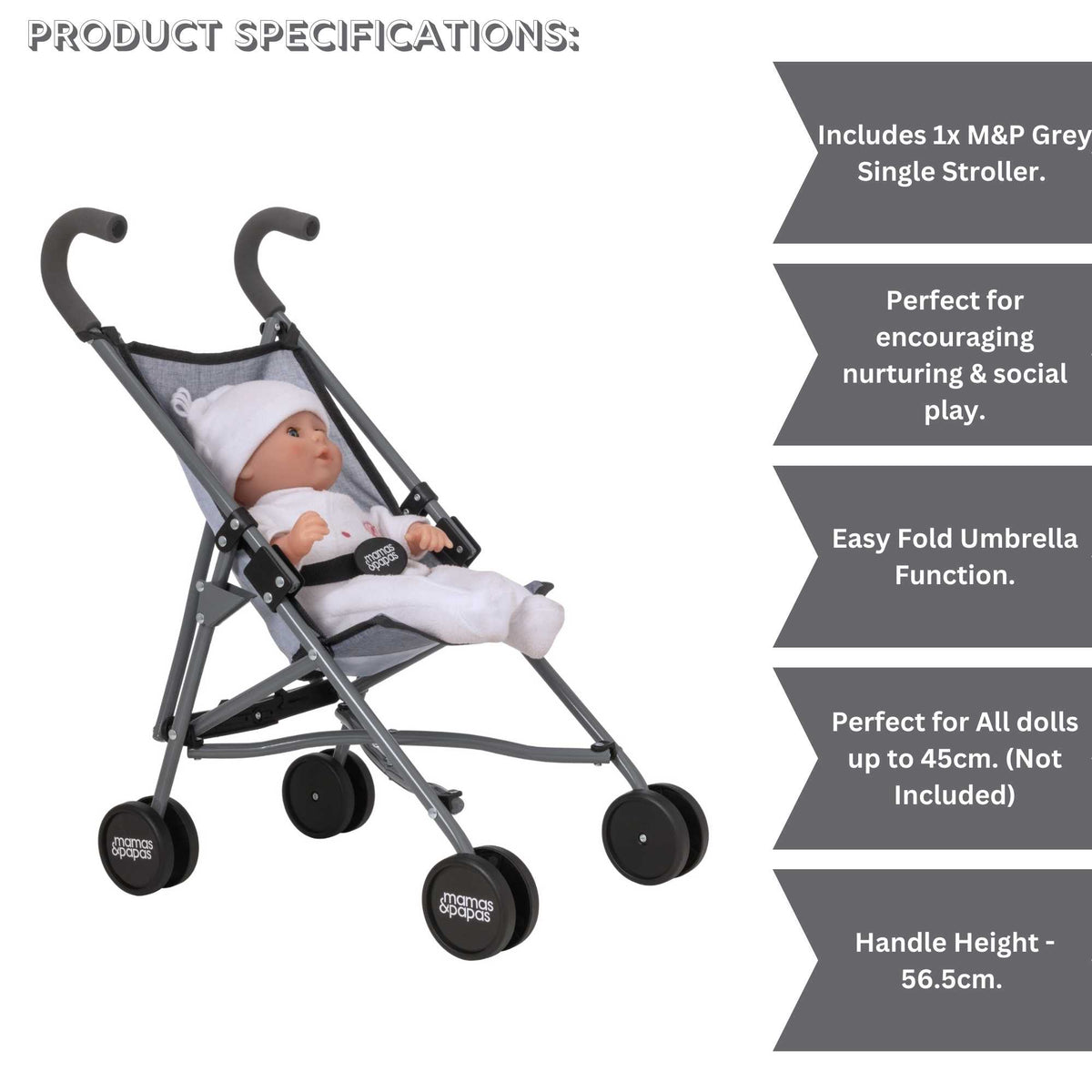 Mamas &amp; Papas Junior Doll Stroller in grey, featuring a foldable and lightweight design for easy storage and portability, ideal for children&#39;s imaginative play with dolls.