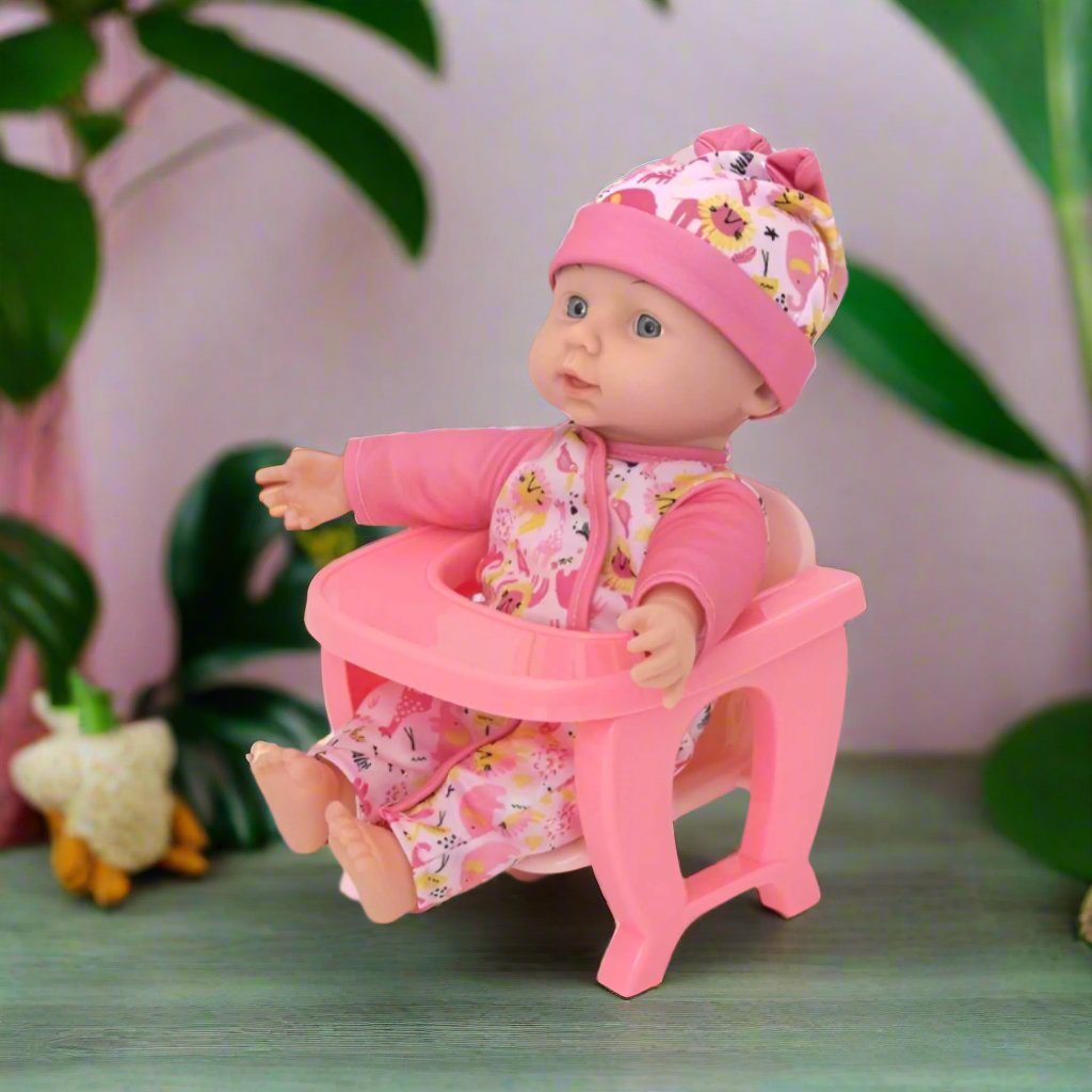 A versatile doll accessory that doubles as a chair, designed to enhance pretend play experiences and encourage nurturing instincts in children.