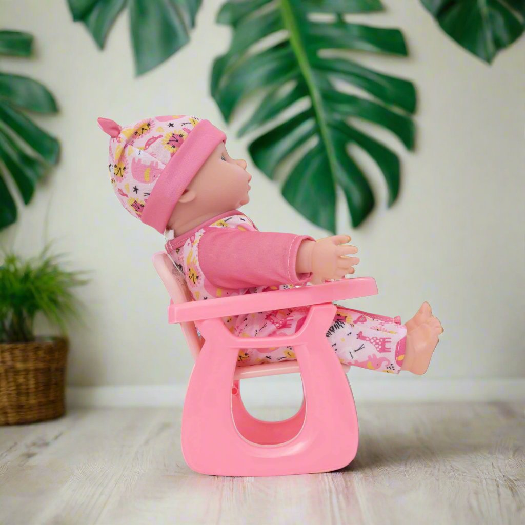 A versatile doll accessory that doubles as a chair, designed to enhance pretend play experiences and encourage nurturing instincts in children.