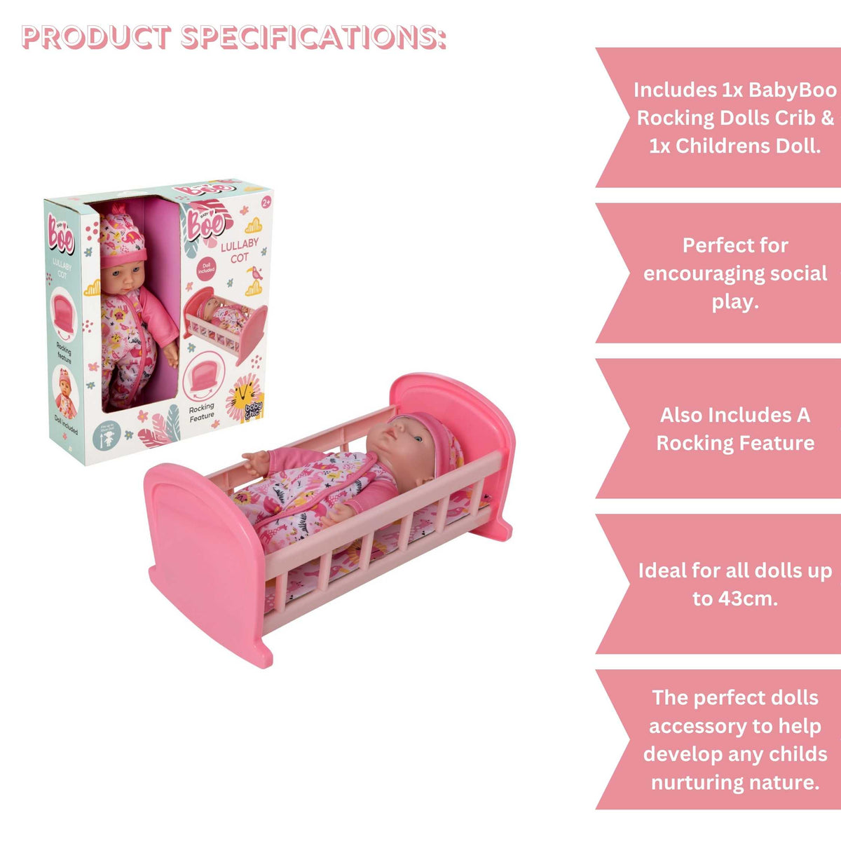 Complete with included doll, this charming cot offers a cozy resting place for dolls, fostering imaginative play and nurturing skills in children