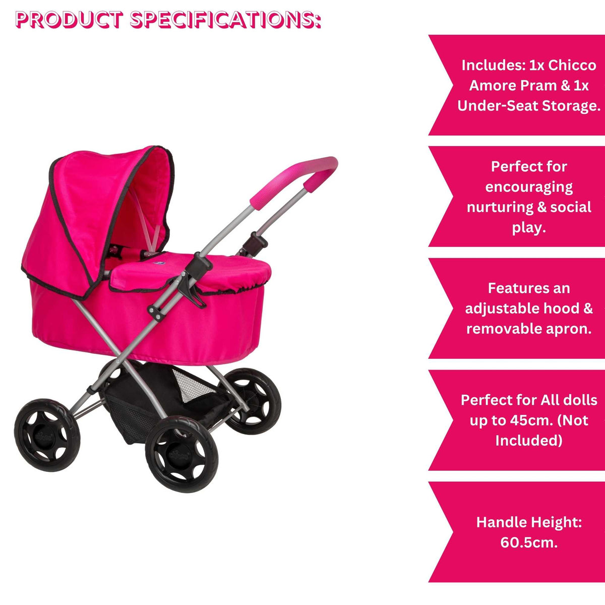 Chicco Amore Dolls Pram - Elegant and Sturdy Toy Pram for Dolls with Adjustable Handle