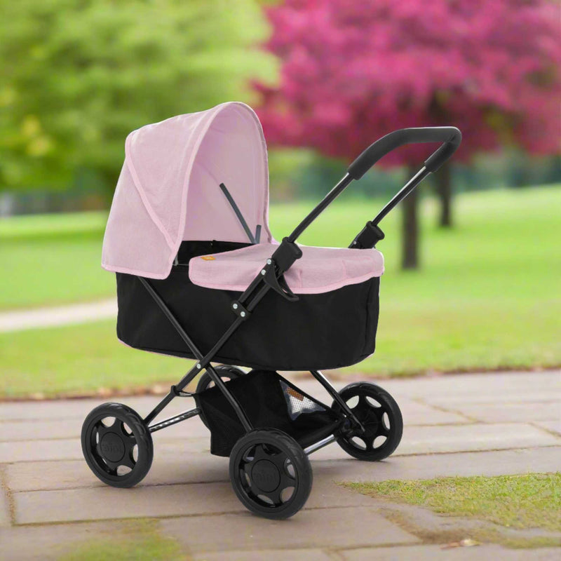 Joie Baby Dolls Pram in pink and black, featuring adjustable handle height, swivel wheels, and a spacious storage basket, designed for children to enjoy imaginative play with their dolls.