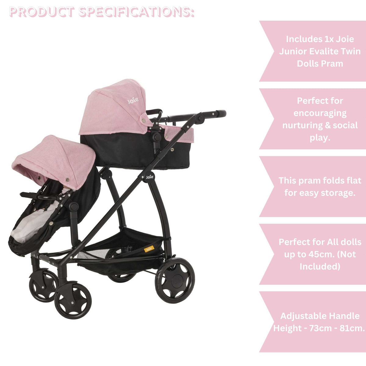 Joie Evalite Twin Dolls Pram with 9 play modes, featuring a stylish design in pink and black, adjustable handle height, swivel wheels, and a large storage basket, perfect for versatile and imaginative play with dolls.