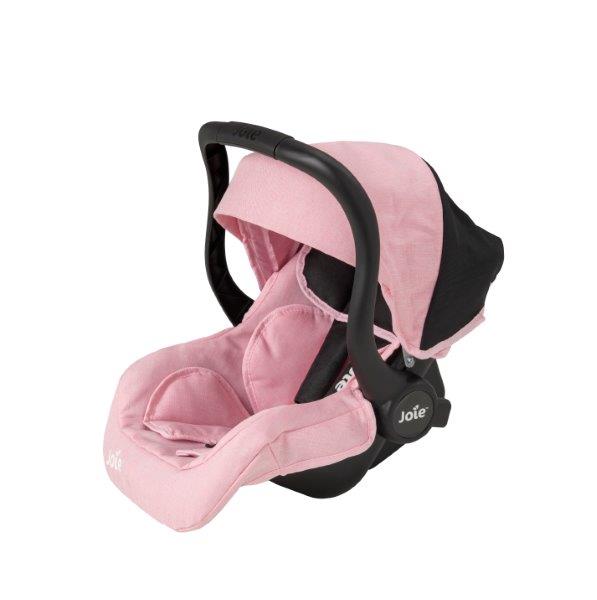 Joie I-Gemm Dolls Car Seat in pink and black, featuring a realistic design with secure harness, padded interior, and carry handle, perfect for children to safely transport their dolls during playtime