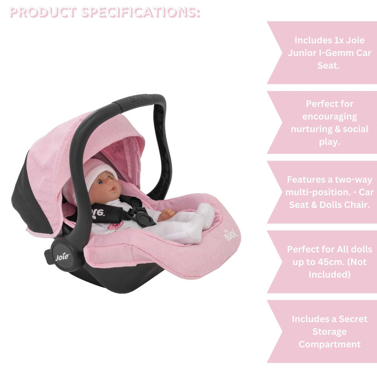 Joie I-Gemm Dolls Car Seat in pink and black, featuring a realistic design with secure harness, padded interior, and carry handle, perfect for children to safely transport their dolls during playtime