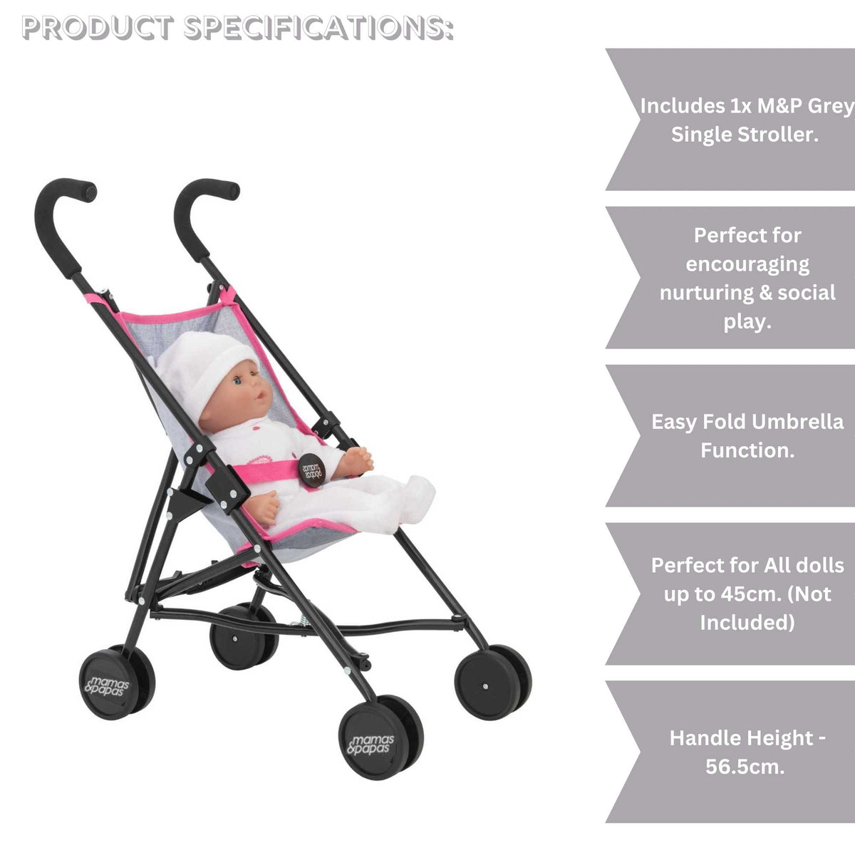 Mamas &amp; Papas Junior Doll Stroller in pink and grey, featuring a foldable and lightweight design for easy storage and portability, ideal for children&#39;s imaginative play with dolls.