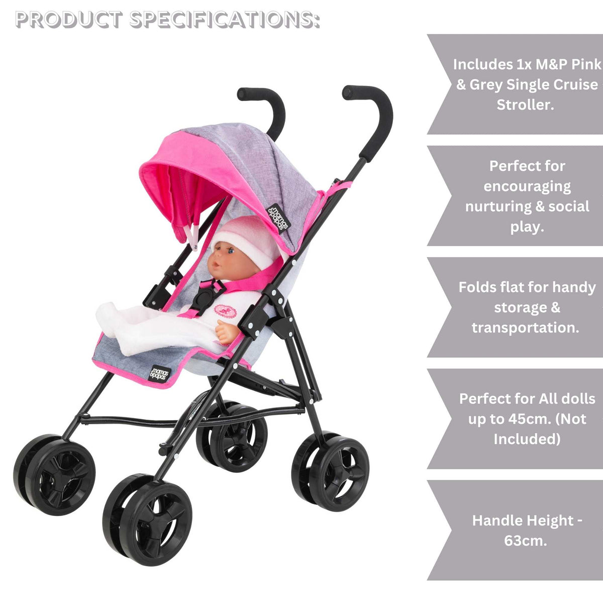 Mamas &amp; Papas Junior Cruise Stroller, designed for children&#39;s imaginative play, featuring a sleek and modern design with sturdy frame and smooth-rolling wheels, perfect for pretend outings with dolls.