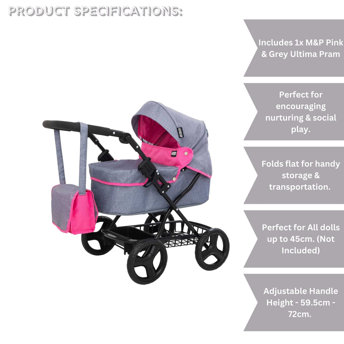 Mamas &amp; Papas Junior Ultima Dolls Pram, designed for children&#39;s play, featuring a classic and sturdy frame, adjustable handle height, and smooth-rolling wheels, ideal for nurturing imaginative play with dolls.