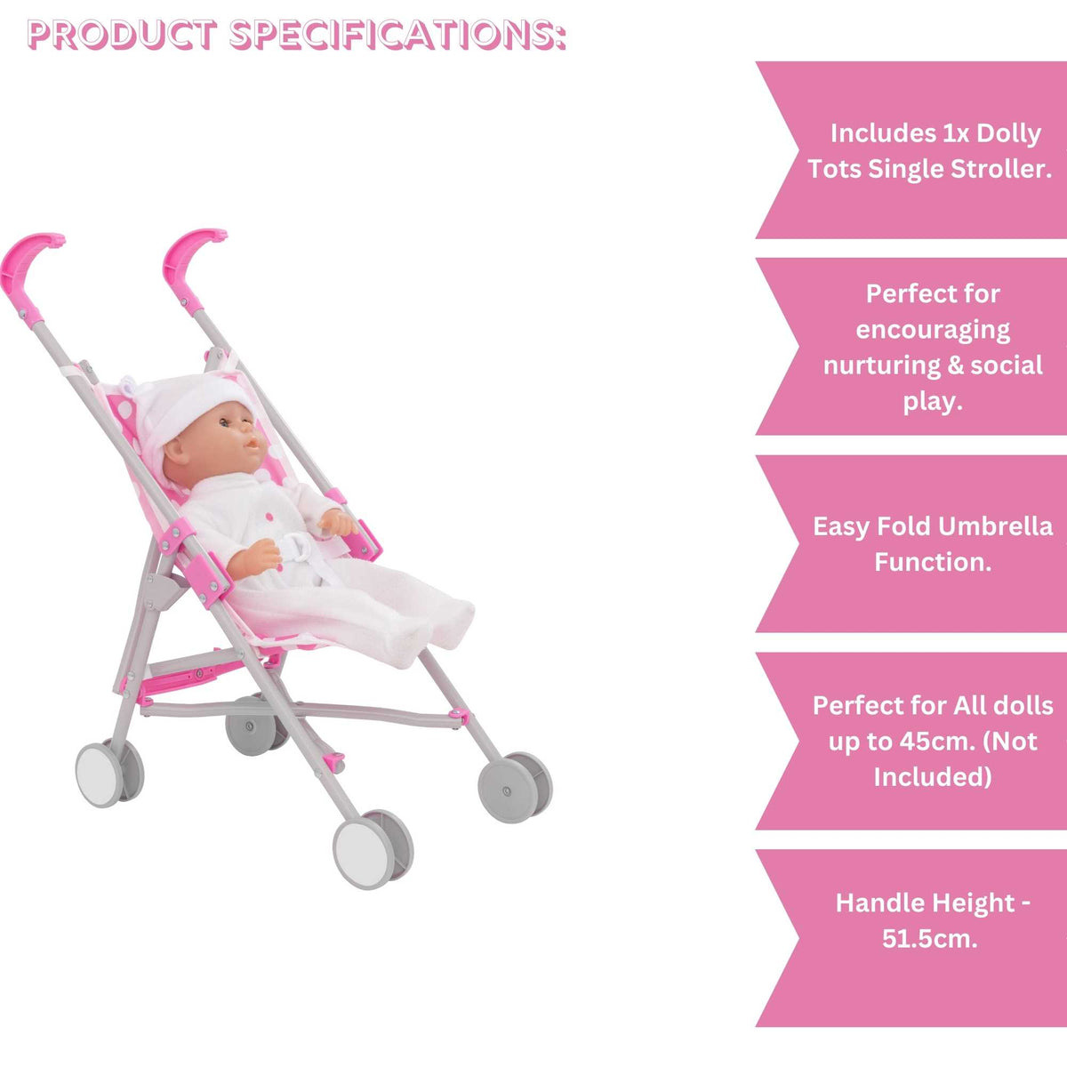 Dolly Tots Dolls Single Stroller - Lightweight and Easy-to-Use Toy Stroller for Dolls