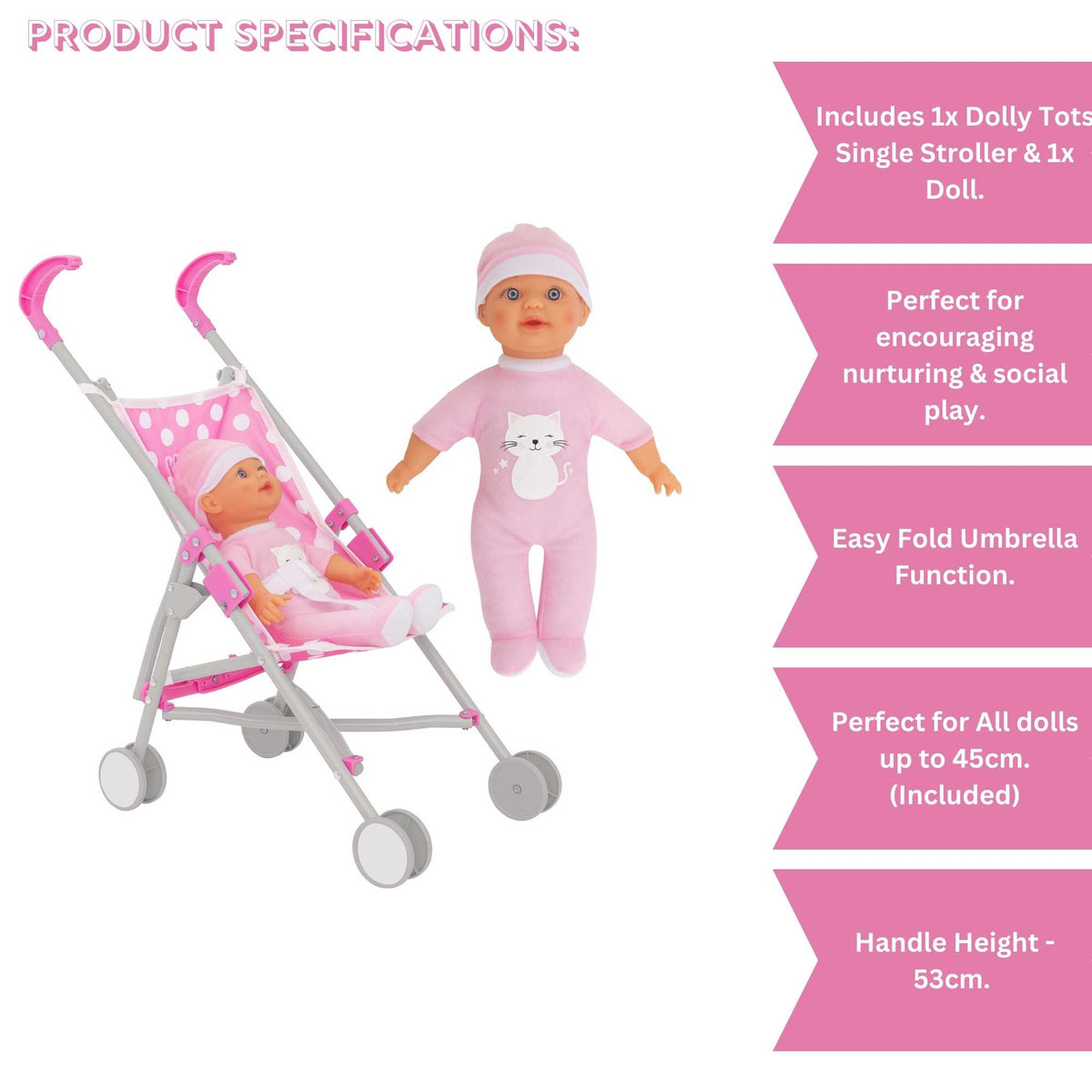 Dolly Tots Dolls Stroller with Doll - Playful Toy Stroller Set for Dolls, Includes Doll Companion