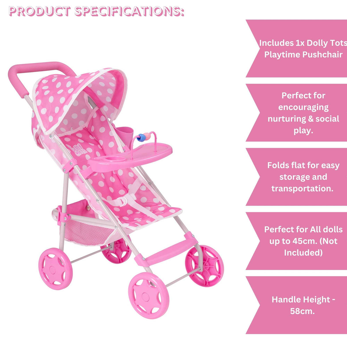 Dolly Tots Playtime Dolls Pushchair - Fun and Functional Toy Pushchair for Dolls, Perfect for Playtime