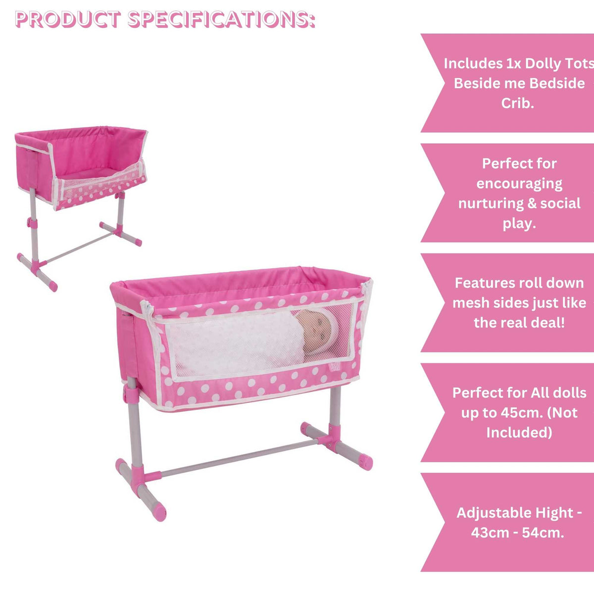 Dolly Tots Beside Me Dolly Cot - Cozy and Compact Toy Cot for Dolls, Ideal for Playtime